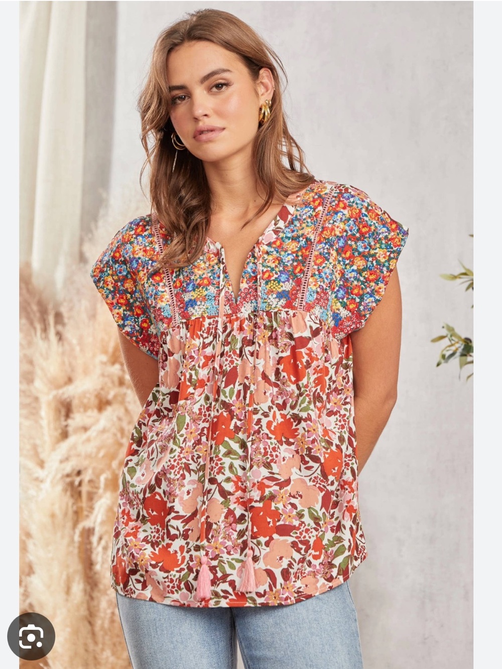 Savanna Jane Floral Mixed-Print Babydoll Top in Pink and Red
